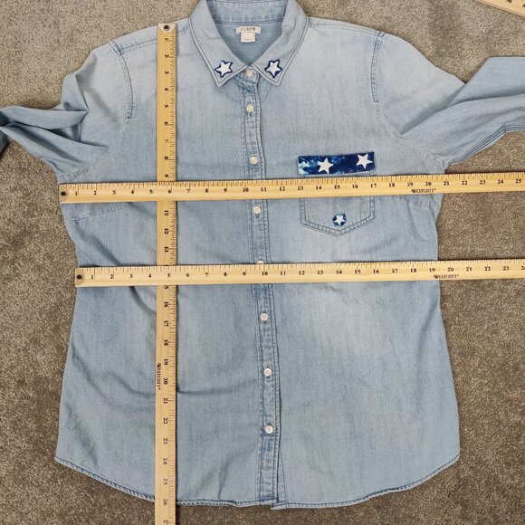 J. Crew Women's Shirt Size L Blue White Stars Cotton Patchwork Western Cowgirl - Picture 8 of 11